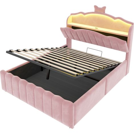 Cama infantil tapizada 140 x 200 cm en terciopelo rosa con LED, USB y almacenaje (1/5)