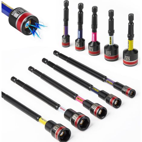 Lot de 10 Douilles Hexagonales Aimantées, 65 mm 150mm de Long, Métriques (6 mm, 8 mm, 10 mm, 11 mm, 13 mm), Tige Hexagonale 1/4", Douilles de Adaptateur Magnétique pour Visseuse Sans Fil (1/5)