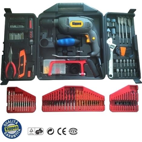 Trapano elettrico a percussione 1100W autoserrante 13mm in valigetta super-accessoriata 132 pz