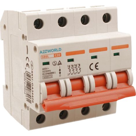 MCB Interruttore Magnetotermico Trifase 380V Curva C 4P 4M 6000A AC 400V IP20 SB6L, Corrente Disponibili 10A 16A 20A 25A 32A 40A 50A 63A  (C20A)