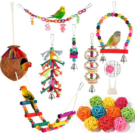 Balançoires colorées pour perroquets, jouets à mâcher suspendus avec clochettes, structure d'escalade, jouets en noix de coco pour cages à oiseaux, pour cacatoès et autres oiseaux