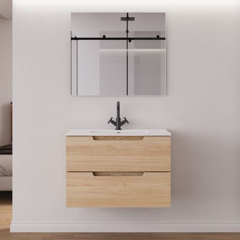 Meuble de salle de bain 80cm simple vasque - 2 tiroirs - roble era (chêne clair) - SONRIZA (1/5)