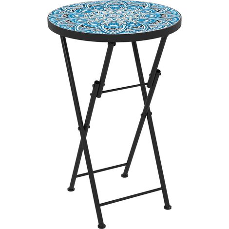 Table de jardin mosaïque, table de patio ronde et pliable avec structure en métal et plateau en céramique, motif mosaïque, bleue