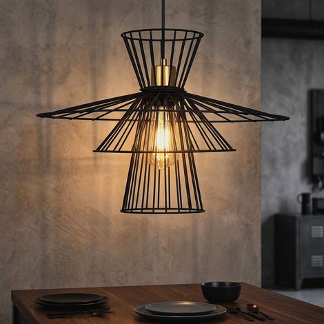 Lampada a sospensione griglia nera per sala da pranzo lampada da soffitto retrò gabbia a sospensione, filo metallico, 1x presa E27, DxH 45x150 cm (1/5)