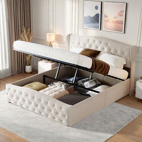 Cama lit 140x190 cm, Cama doble 140x190 cm con somier, Almacenamiento hidráulico, Estructura de cama, Tela de terciopelo, Estilo moderno, Beige (1/5)