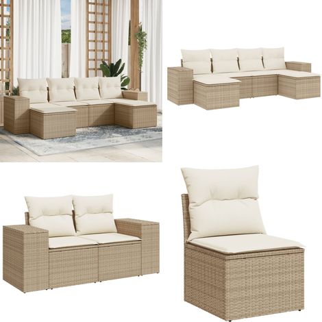 6-tlg. Garten-Sofagarnitur mit Kissen Beige Poly Rattan - Gartensorte - Gartenmöbelset - Outdoor Möbel - Lounge Set - Rattan Gartenmöbel - Home & Living (1/5)