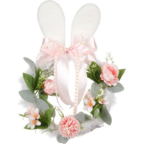 Guirlande De Pâques - Lapin En Peluche Avec Oreilles Et Cercle En Rotin - Décoration Printanière Pour Porte D'Entrée Chambre Ou Fête - Extérieur Intérieur - 20 Cm - 1 Pièce (1/5)