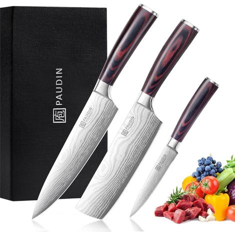 Set de 3 couteaux de cuisine en acier inoxydable carbone, ultra tranchants, manche ergonomique en bois Pakka (1/5)