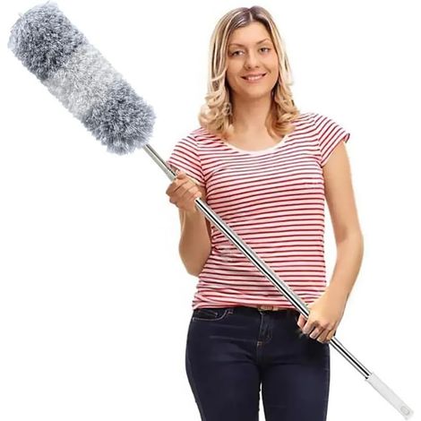 Plumeau télescopique lavable, plumeau en microfibre avec manche télescopique en acier inoxydable et brosse d'angle flexible, long plumeau extensible (jusqu'à 254 cm), pour plafonds et toiles d'araigné (1/5)
