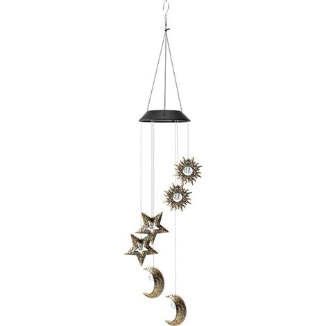 Carillon A Vent Solaire - Avec Éolienne Lumineuse Et Motifs Soleil Lune Étoile - Para Balcon Terraza Jardín Exterior - 1 Unidad (1/5)
