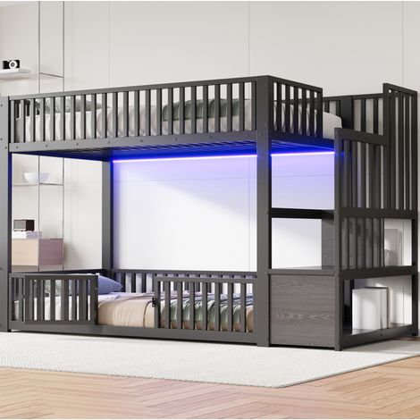 Cama litera 90x200 cm negra en MDF y metal, con LED, escalera de almacenaje y barandillas (1/5)