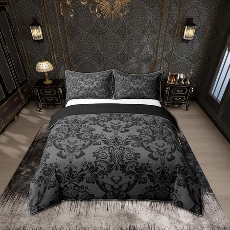 Damas Fleurs Housse de Couette 220x240cm Orientale Antique Parure de Lit Gothique Bohème Boho Fleurs Ensemble de Literie Gothique Crâne Housse de Couette Noir 2 pièces (1/5)