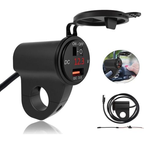 Chargeur de Téléphone Portable USB pour Moto, étanche 12V Chargeur de Voiture, avec voltmètre et Interrupteur indépendant, Convient aux guidons de Moto d'un diamètre de 2,2 cm (1/4)