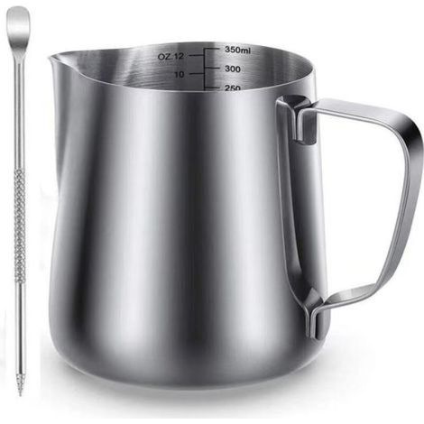 Accessoire pour machine à café pichet à lait en acier inoxydable de 350 ml avec graduations sur la paroi intérieure convient pour faire mousser le lait et préparer des cappuccinos, des jus ou autres (1/4)