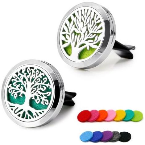Pair - Diffuseur d'huiles essentielles d'aromathérapie pour voiture, 2 pièces, 30mm, médaillon en acier inoxydable avec Clip de ventilation, 12 tampons en feutre (1/5)