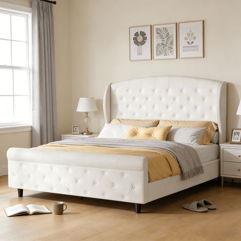 Lit adulte 140x200 cm, Lit 140x200 avec sommier à lattes, Tête de lit capitonné, Tissu en velours, Style scandinave moderne, Blanc cassé (1/5)