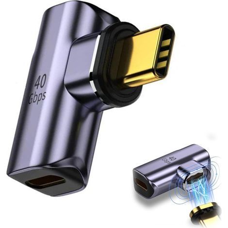 Adaptateur USB C Magnétique PD 100W Charge Rapide, Connecteur USB Type-C Femelle vers Type C Mâle 24 Broches 40Gbps, Vidéo 8K à 60Hz, Adapter Angle Droit 90° pour MacBook Pro/Air Thunderbolt 3/4 (1/4)