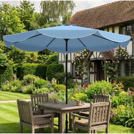 Parasol rond inclinable avec manivelle et volant, 8 baleines métal, pour balcon terrasse plage, bleu ciel, diamètre 265 cm (1/5)