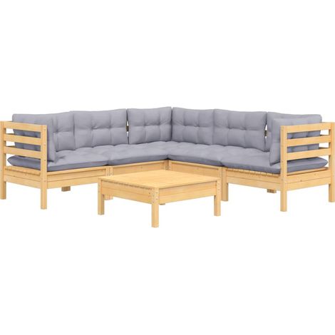 Set Divani da Giardino 6 pz con Cuscini Grigi Massello di Pino vidaXL (1/4)
