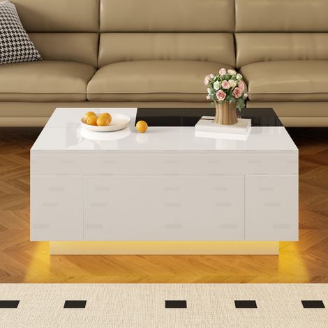 Table basse laquée brillante avec éclairage LED, plateau extensible noir et blanc, rangement caché et bande lumineuse réglable 16 couleurs – choix parfait pour un salon élégant (1/5)
