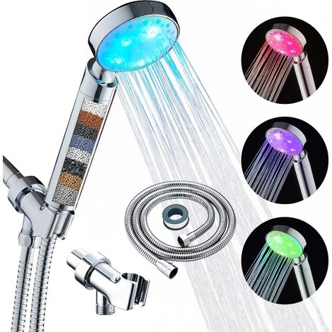 KAIREY LED-Duschkopf mit Filter für hartes Wasser, 7-farbige Lichtwechselfunktion, automatischer Handbrausekopf, poliertes Chrom, mit 152 cm langem Edelstahl-Brauseschlauch und verstellbarer Halterung (1/5)