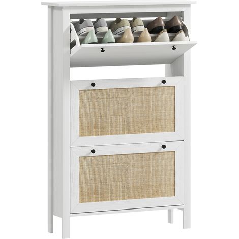 Meuble à chaussures étagère à chaussures armoire 3 portes abattants effet cannage rotin - en bois bois naturel