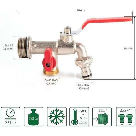 Robinet double de jardin, robinet en laiton, robinet double BSP 3/4 pouces de haute qualité (1/4)