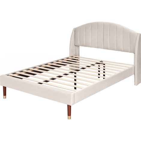 Cama tapizada 140 x 190 cm de terciopelo beige con somier de láminas y cabecero (1/5)