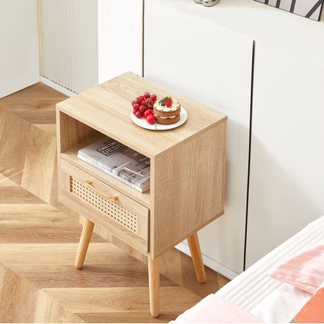 REDOM - Comodino 40x30x55 cm, 1 cassetto con guide a chiusura ammortizzata, frontale in rattan, MDF naturale (1/5)