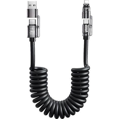 Ce câble de charge pour voiture 4 en 1 à ressort prend en charge la charge rapide 240 W/100 W/27 W/12 W, est compatible avec l'USB-C et dispose d'un câble de charge rétractable. (1/5)