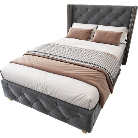 Letto Singolo 90 x 200 cm con Testiera Imbottita, Borchie Decorative e Piedini in Legno, senza Materasso, Grigio (1/5)