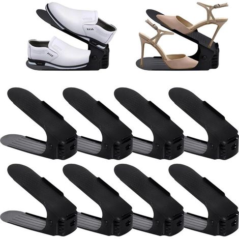 Lot de 10 étagères à chaussures réglables en polypropylène antidérapant - Hauteur réglable - Peu encombrant - Rangement de chaussures domestique - Double couche - Noir (1/5)