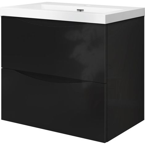 OCEAN Meuble salle de bain 60x37x52cm avec lavabo, Suspendu, 2 Tiroirs, Noir Haute Brillance
