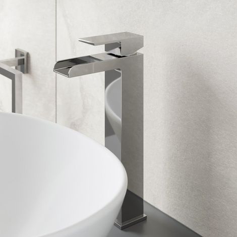 Modern Bathroom Chrome High Rise Tall Mono Basin Mixer Tap Square Single Lever (1/6)