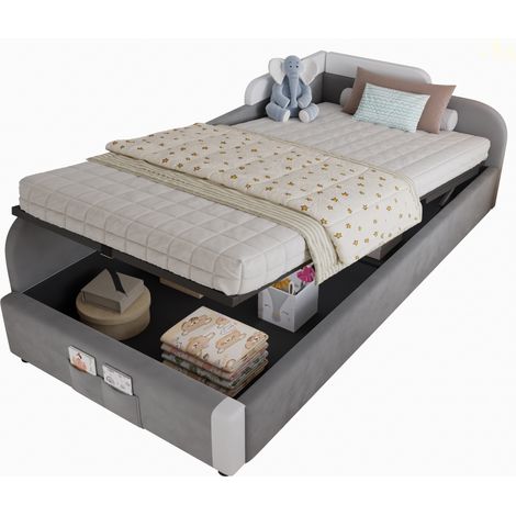 Lit enfant 90x200 cm avec rangement hydraulique, velours gris et barrière douce, pour chambre d’enfant, poche au pied et structure stable – CHICFURN (1/5)