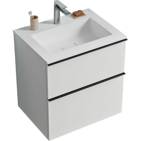 BERNSTEIN - Mueble lavabo suspendido MDF blanco mate, lavabo fundición blanco mate + orificio grifería, tirador cromado 60x46x62cm - LAVOA blanco mate, cromo, Blanco mate con orificio para grifo.