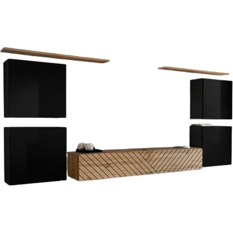 Conjunto de muebles de diseño para sala SWITCH IV. Colores negro y roble. Acabados en negro brillante y roble fresado.