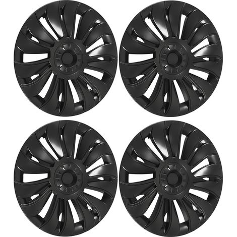 Lot de 4 enjoliveurs de roue 19 pouces style tourbillon à 14 rayons, de remplacement pour Tesla Model Y 2020 à 2023, noir brillant (1/5)