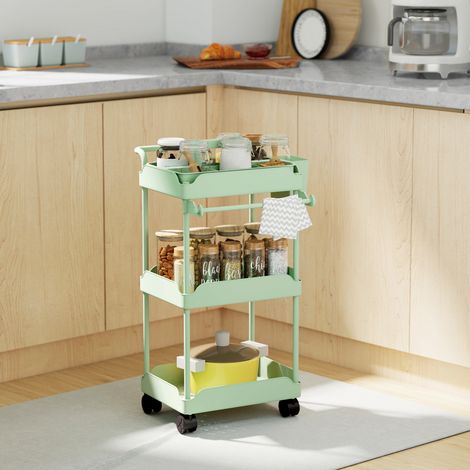 Chariot utilitaire à 3 niveaux, chariot de cuisine avec paniers amovibles et porte-serviettes, vert