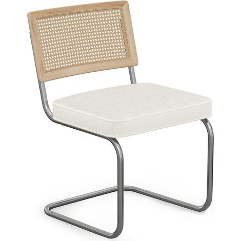 Chaise de salle à manger avec accoudoirs En Bouclette Fausse Fourrure Tapissée - Boucles Blanches- bois et rotin - Birey Blanc (1/5)