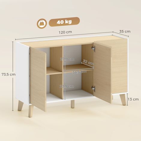 Buffet cuisine, meuble de rangement nordique, 3 portes à fermeture douce, 6 compartiments, bois naturel et blanc (1/5)