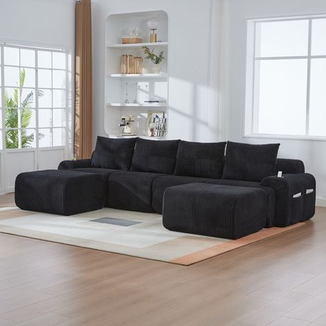 Divano modulare 333x174x80 cm in tessuto nero con 2 pouf, per soggiorni ampi – MEUBLIV (1/5)