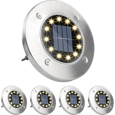 Lot de 4 lampes solaires au sol - 12 LED - Blanc chaud - Solaires d'extérieur - En acier inoxydable IP65 - Étanche - Pour pelouse, allée de jardin, cour-LIAIKI (1/5)