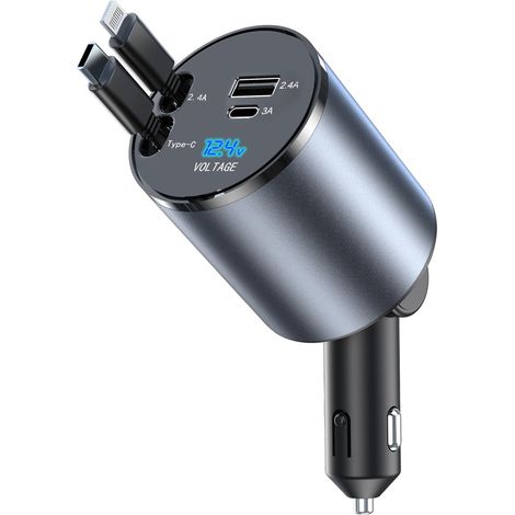 Ce chargeur rapide USB-C 4 en 1 pour voiture prend en charge les protocoles de charge rapide PD/QC3.0, est livré avec deux câbles de charge rétractables, peut charger quatre appareils simultanément (1/5)