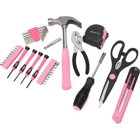 Lot de 39 outils maison rose coffret à outils transportable marteau tournevis clé à pipe réparation entretien pour femme (1/5)