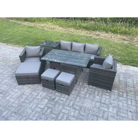 Fimous 8 Seater Outdoor Garden Furniture Set Patio Rattan Rectangular Dining Table Lounge Sofa Chair with Side Table Big Footstool 2 Small Stools Dark Grey Mixed (1/5)