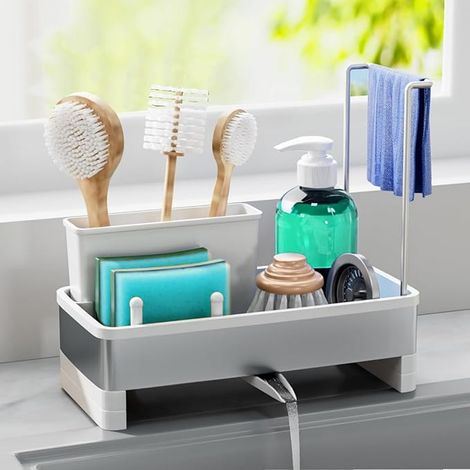 Organisateur d'évier en avec bac d'écoulement Automatique, Porte eponge evier cuisine pour Porte Serviettes Rangement et Organisation de Cuisine Accessoires (Blanc) (1/5)