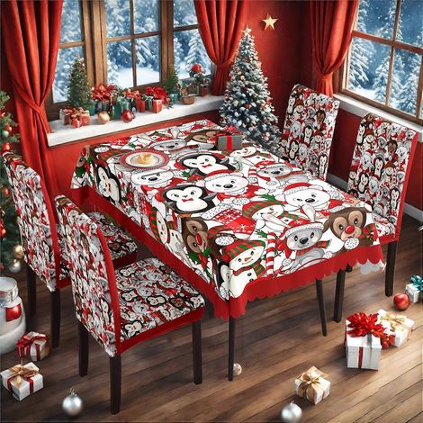 Ensemble de nappe et housse de chaise de Noël en soie de lait imperméable, imprimé, référence TC-207 (140 x 210 cm).