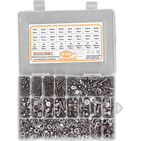 Lot de 920 vis à tête plate six pans creux en acier inoxydable 304, assortiment d'écrous et rondelles avec clé