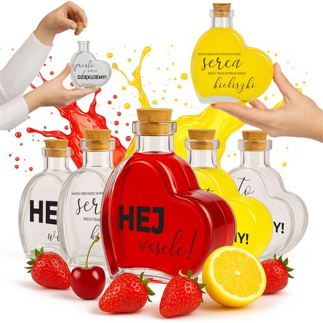 5x Hochzeitsflaschen HERZ 250ml Glasflaschen mit Aufdruck für Hochzeitsgäste (1/5)